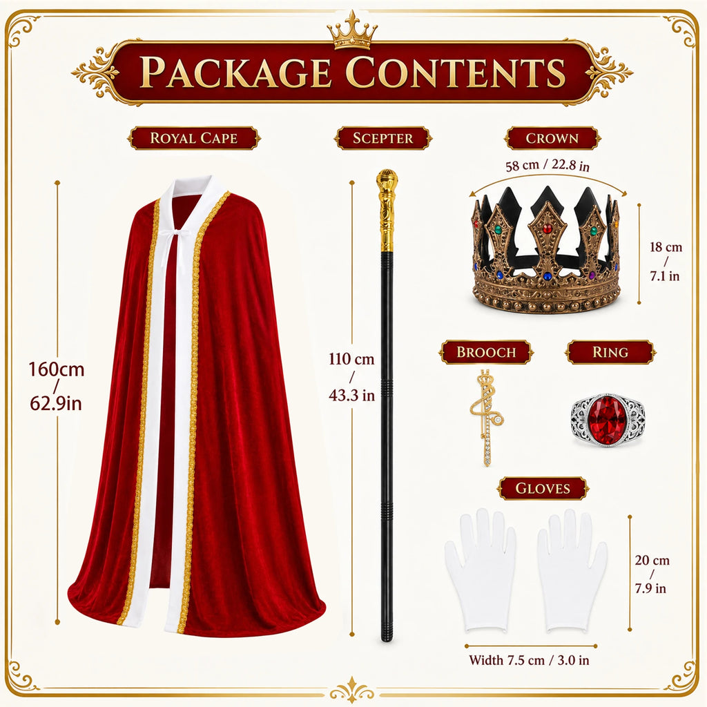 Package graphic shows the red cape and accessory dimensions with one pair of white gloves.