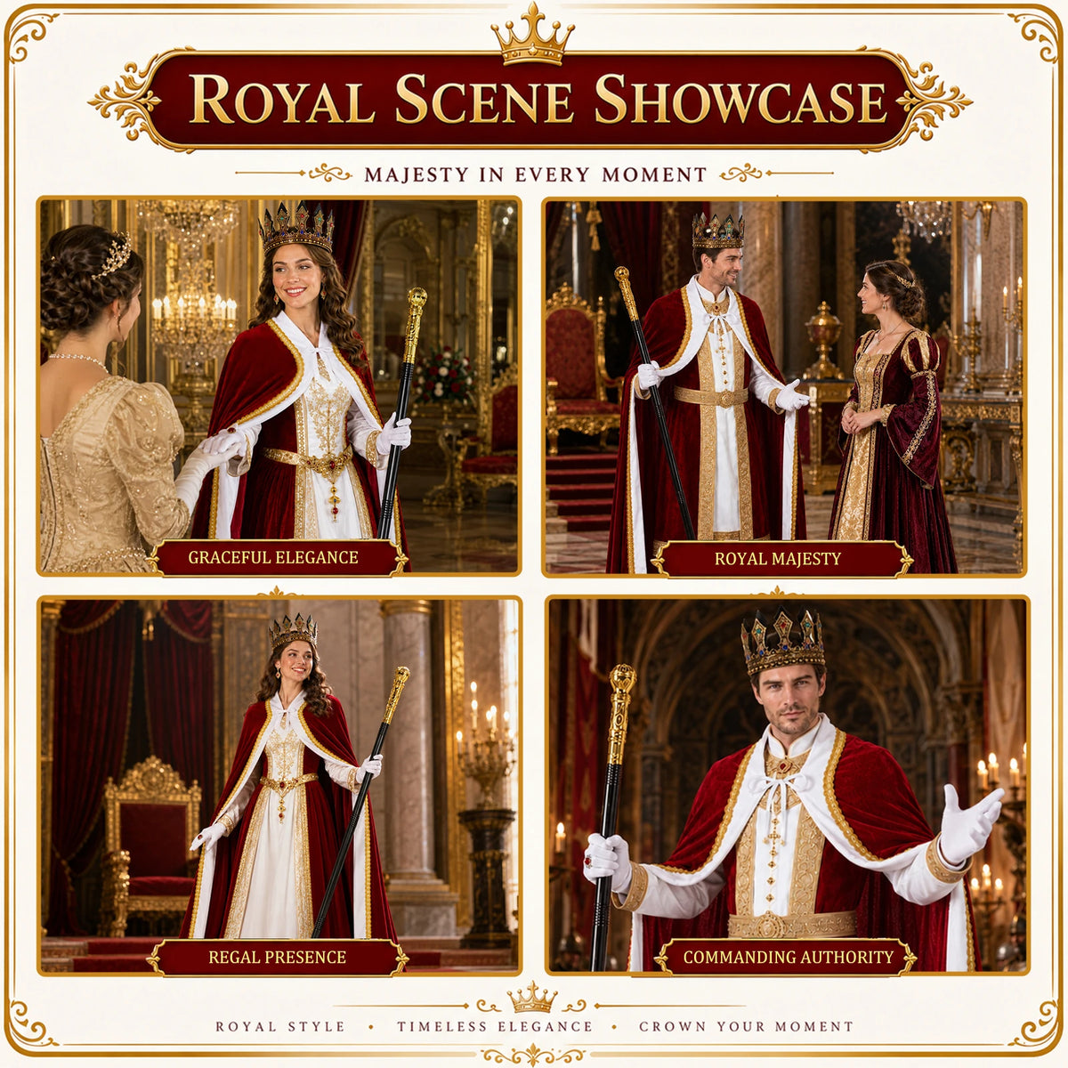 Royal scenes show adults wearing the red cape crown gloves and scepter over separate styled clothing.