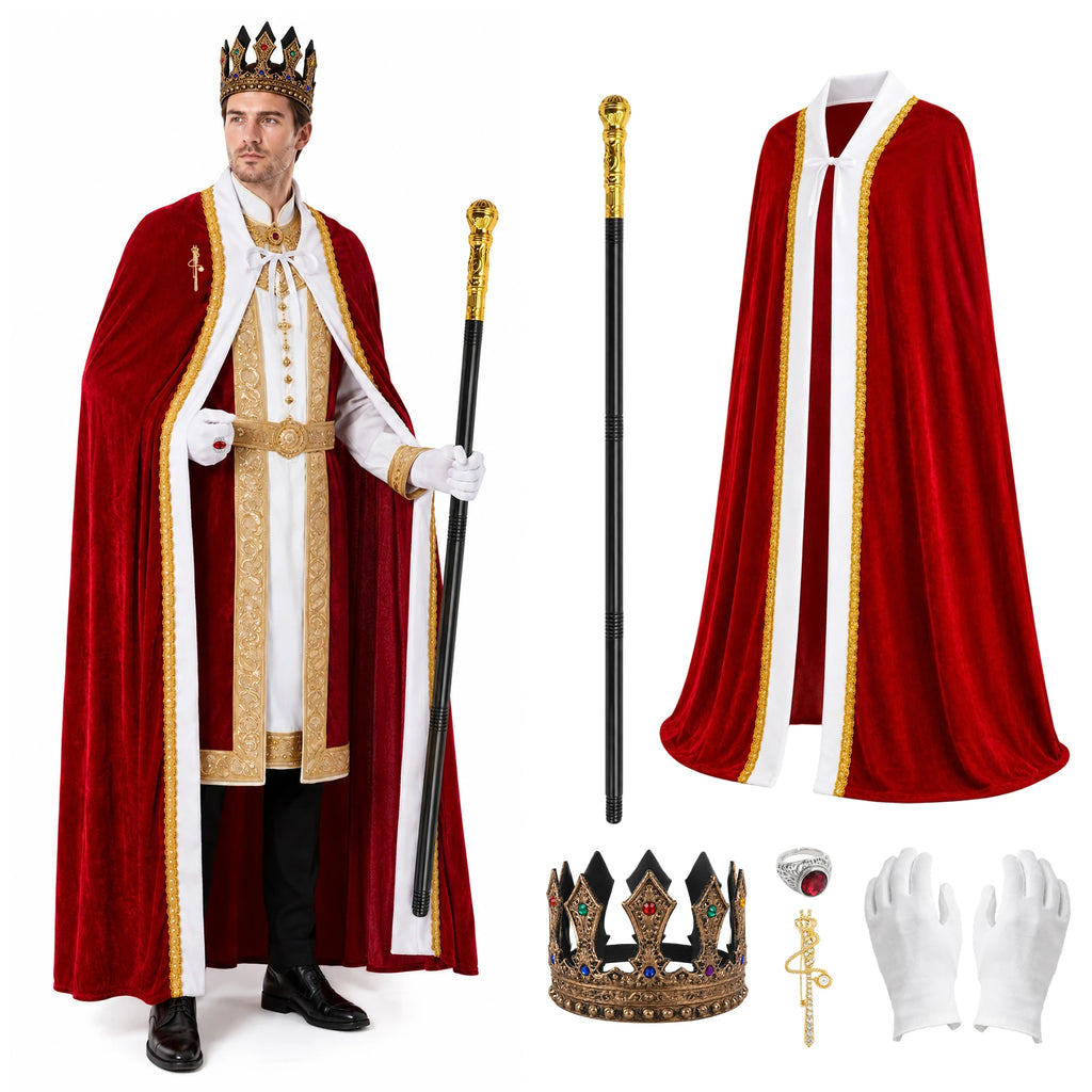Adult wearing the red cape crown scepter brooch ring and white gloves beside separate accessories.