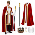 Adult wearing the red cape crown scepter brooch ring and white gloves beside separate accessories.