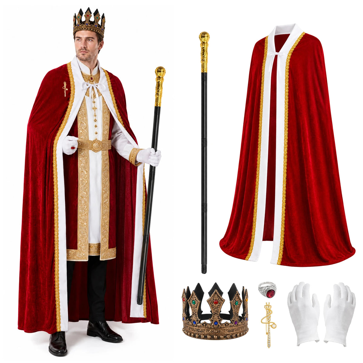 Adult wearing the red cape crown scepter brooch ring and white gloves beside separate accessories.