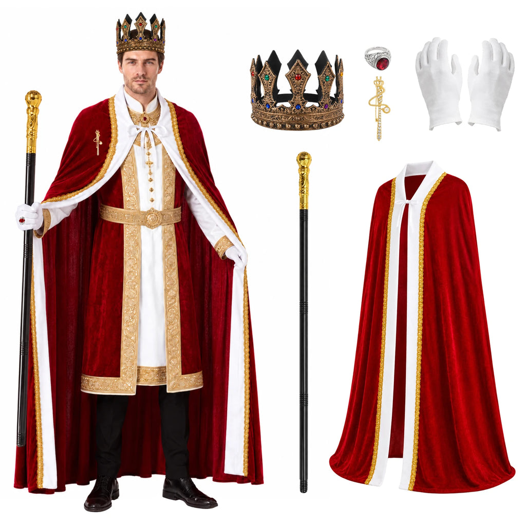 Red cape worn over a separate styled outfit alongside the crown ring gloves brooch and scepter.