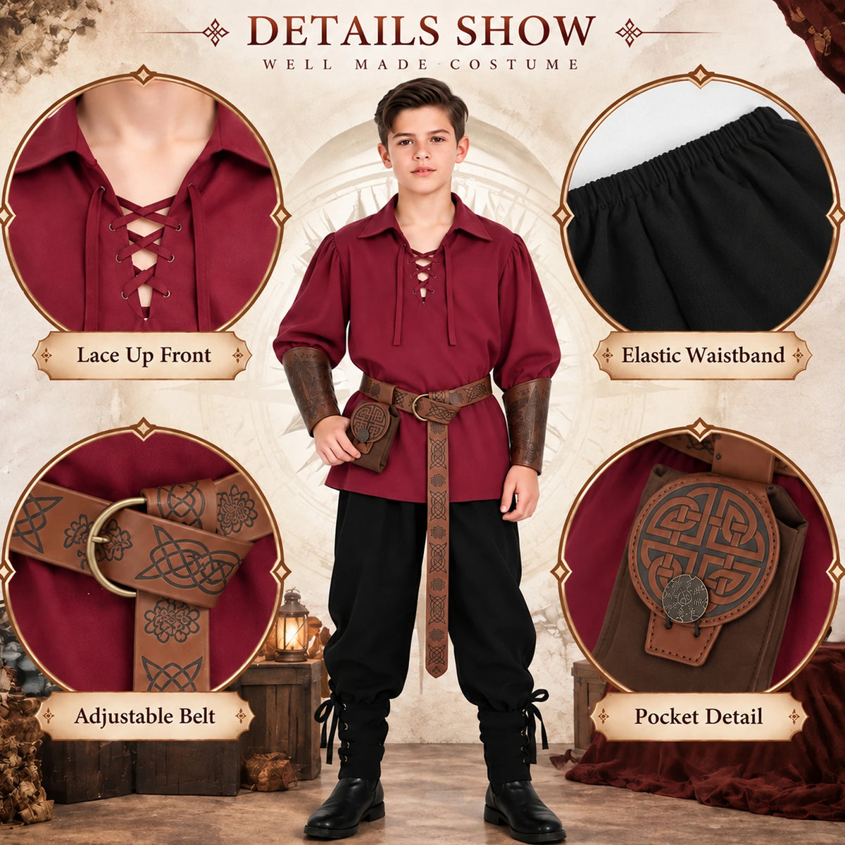 Details of the red medieval shirt's lace-up front, black pants' elastic waistband, patterned belt and waist bag.