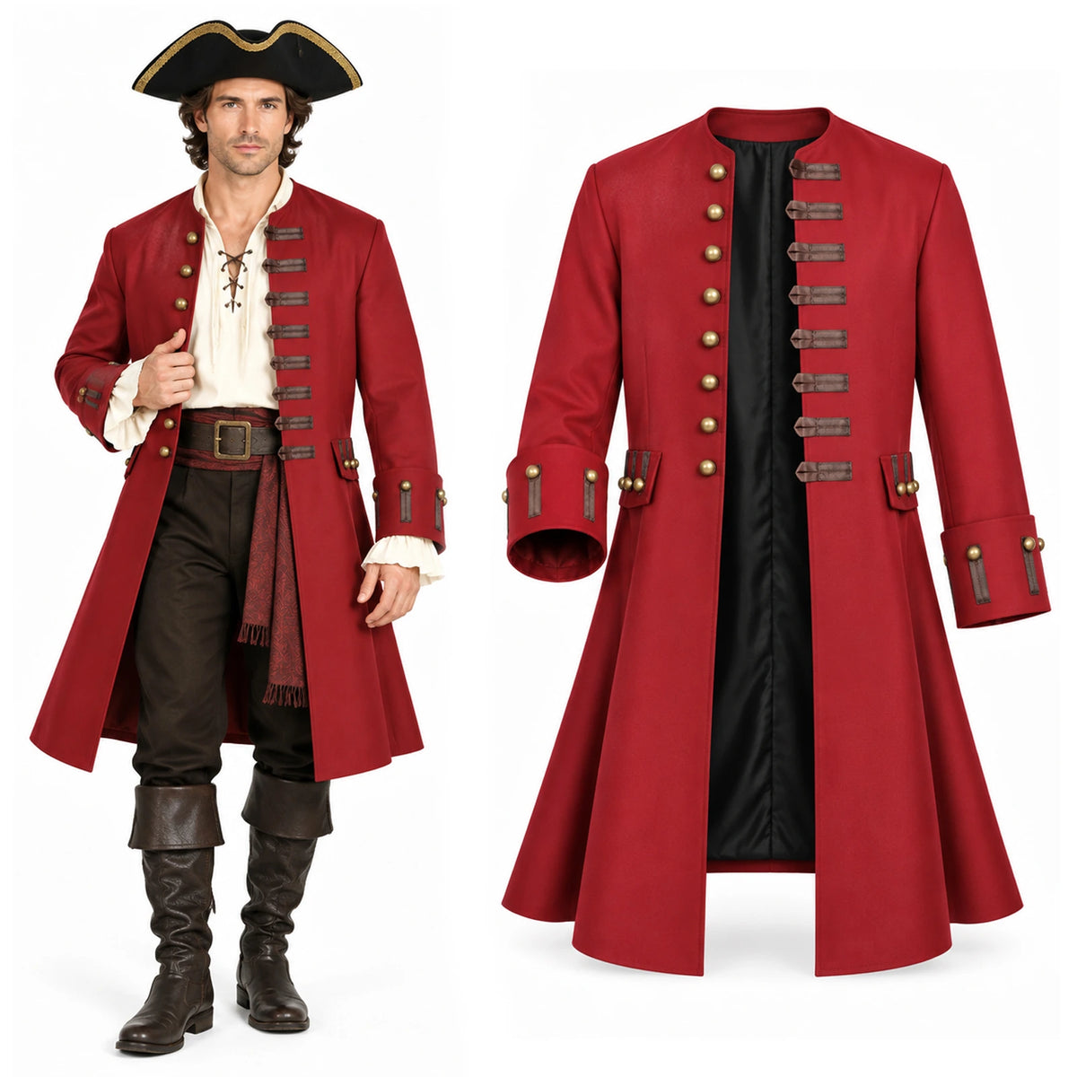 A man wears the red pirate coat beside the coat displayed on its own.