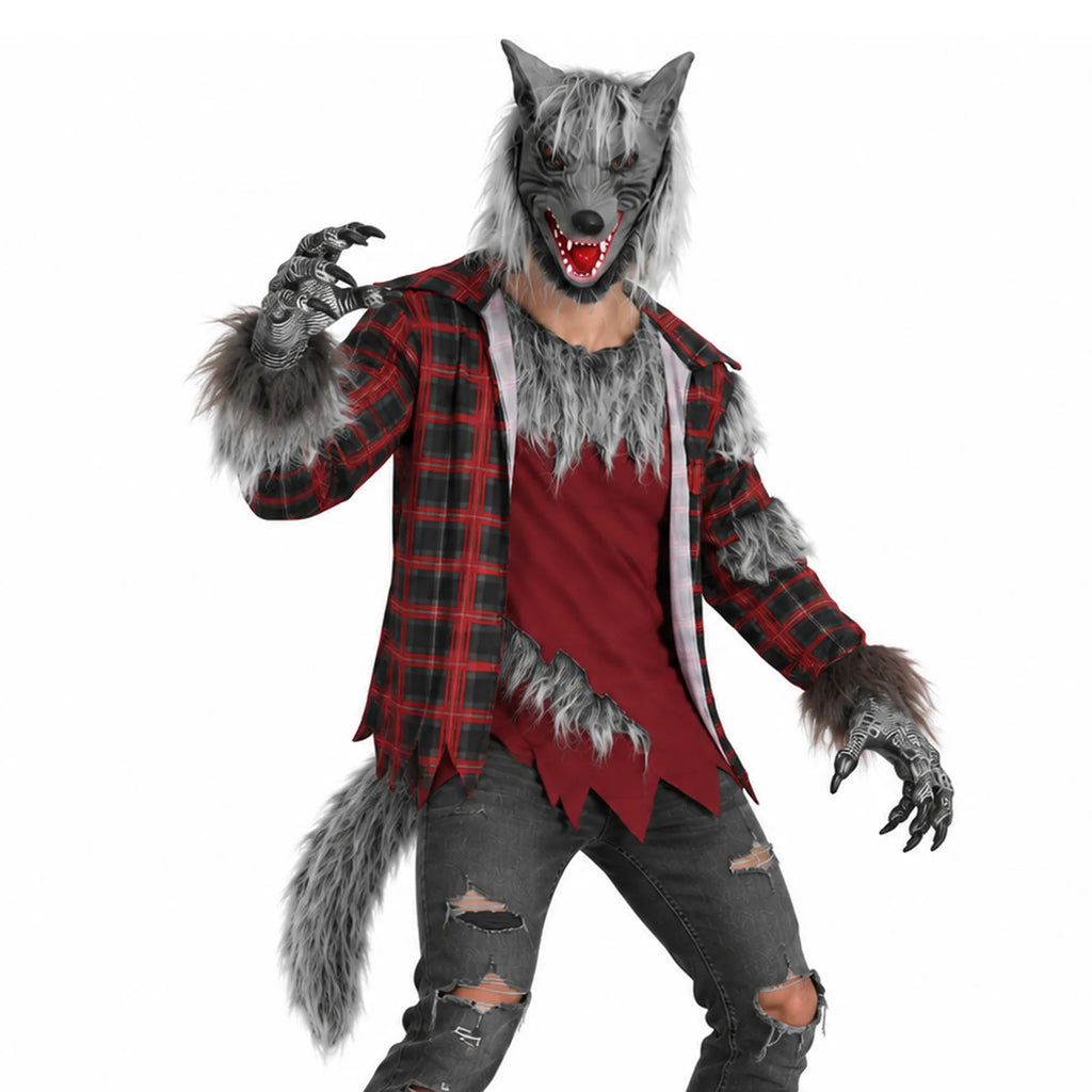 Front and side views of the red plaid adult werewolf costume.