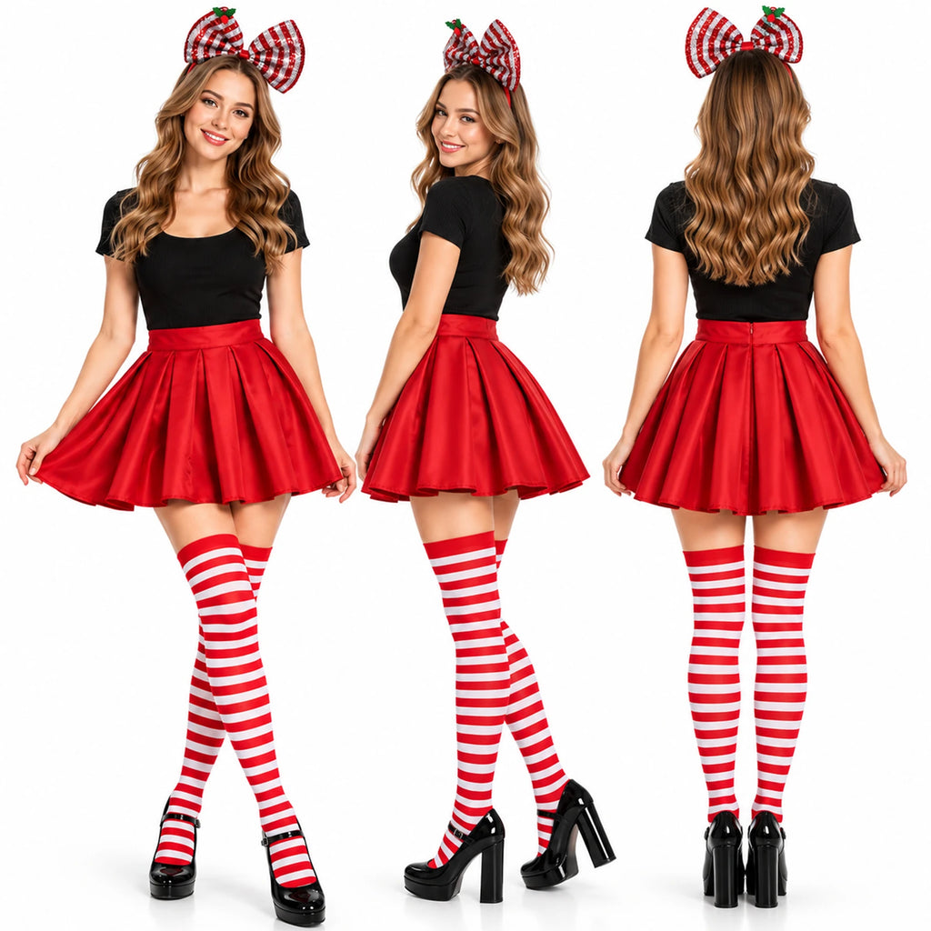 Front, side and back views show the red pleated skirt, back zipper and striped socks with a bow headband.