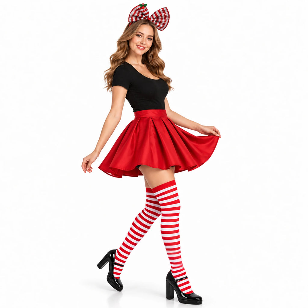 A full-length view shows the red pleated skirt with striped socks and a sequined bow headband.