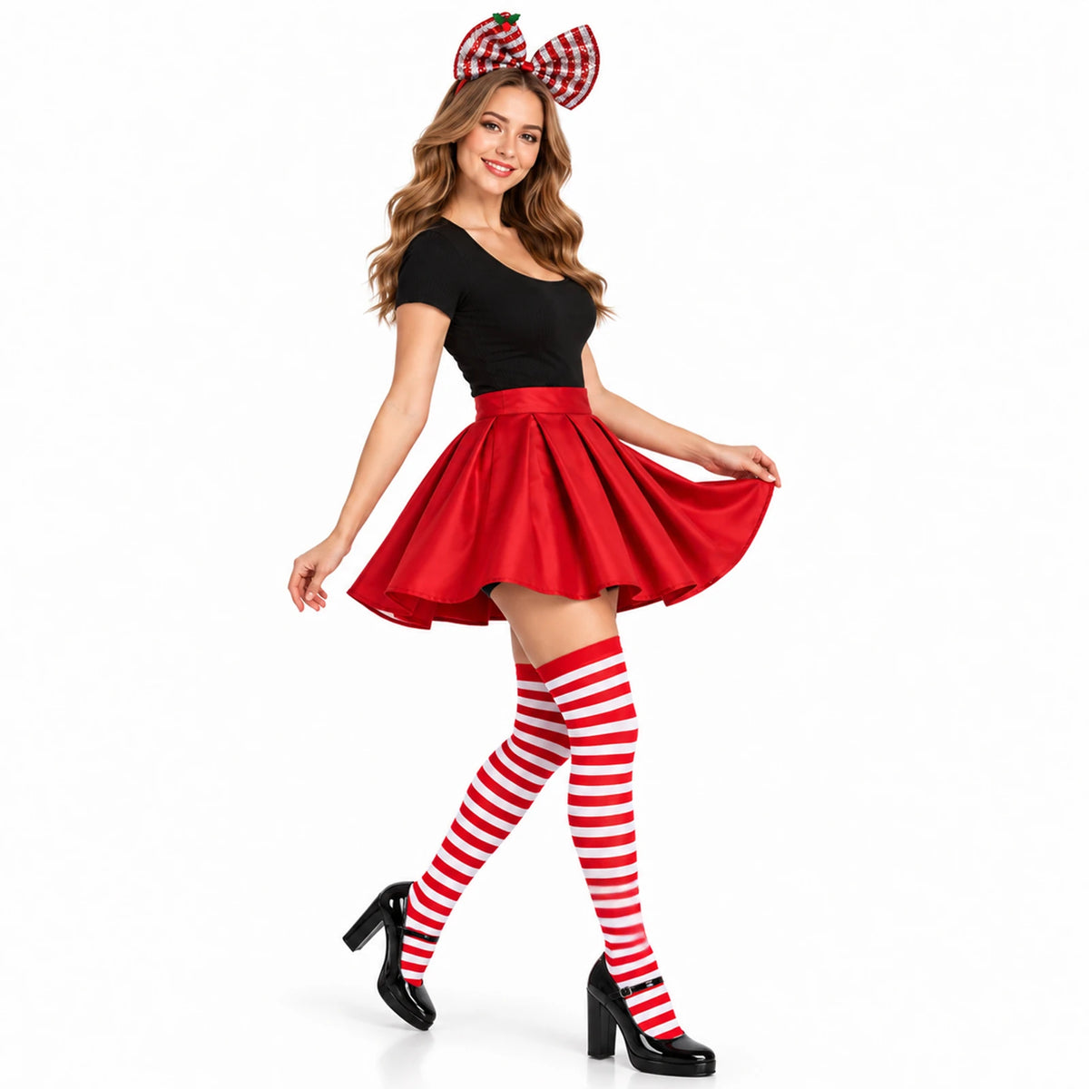 A full-length view shows the red pleated skirt with striped socks and a sequined bow headband.
