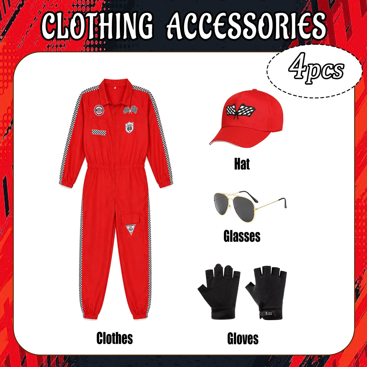 Close-up of the red racing costume cap, sunglasses and gloves accessories.