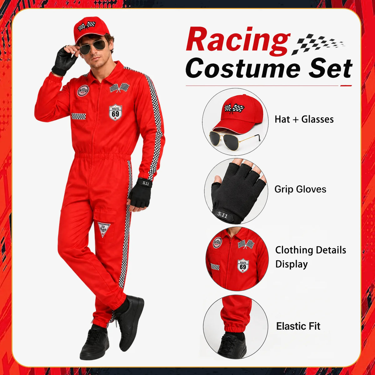 Close-up detail of the checkered-flag trim and patches on the red racing jumpsuit.