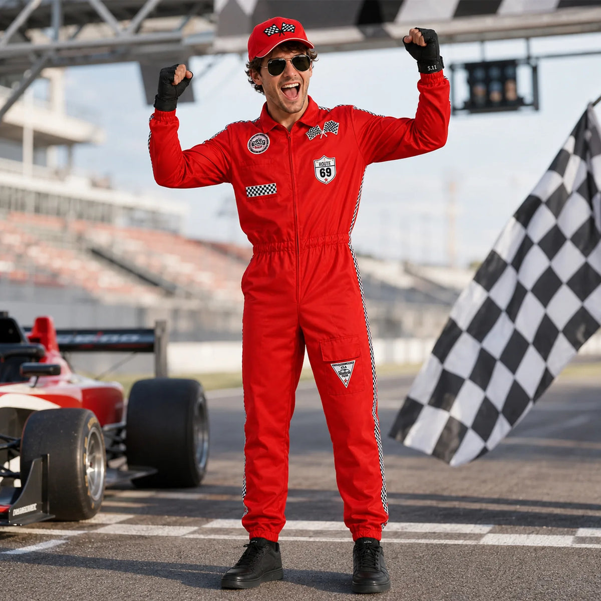 Man wearing the red race car driver costume celebrating with raised fists at a race track finish line, with a checkered flag and race car in the background.