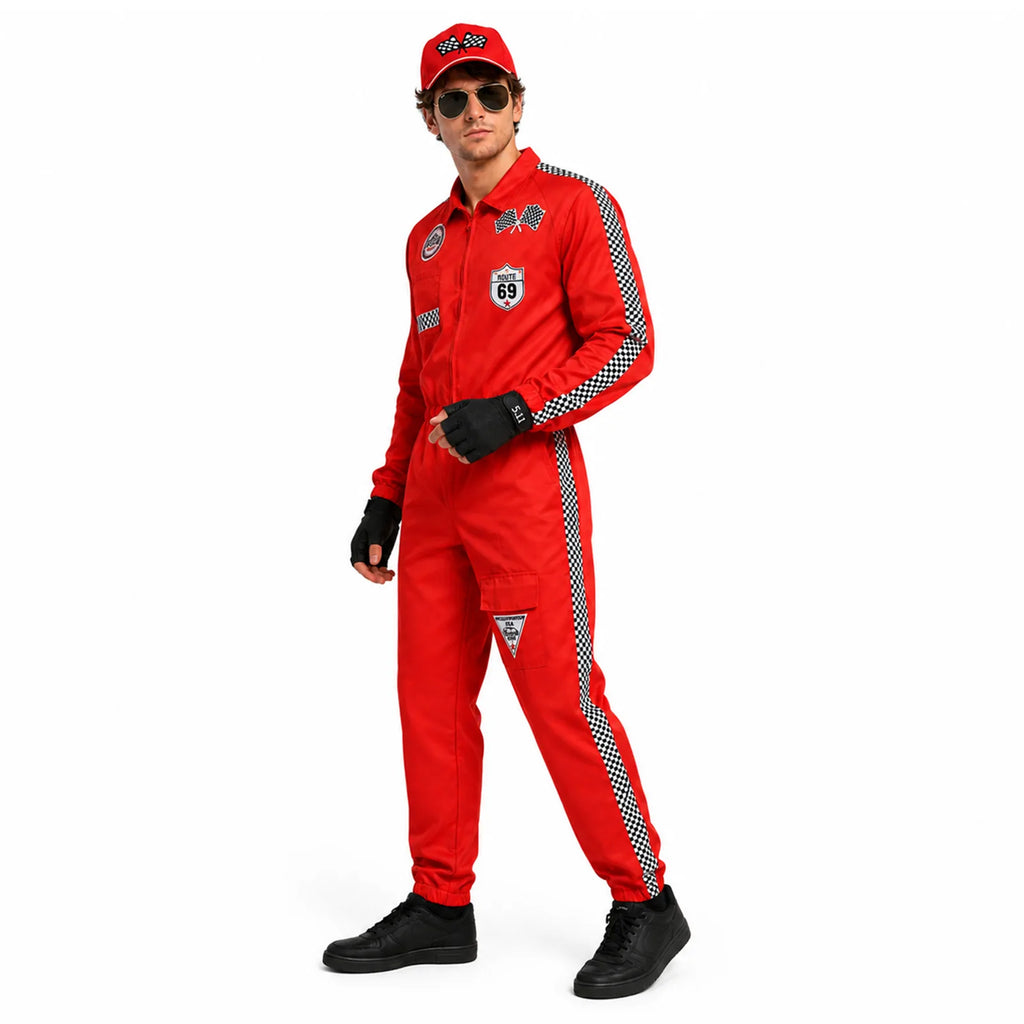 Man wearing the red race car driver costume jumpsuit, cap, sunglasses and gloves, front three-quarter view.