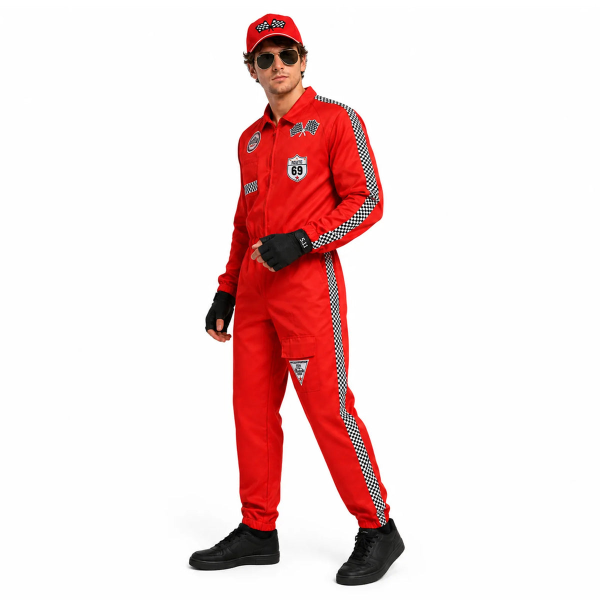 Man wearing the red race car driver costume jumpsuit, cap, sunglasses and gloves, front three-quarter view.