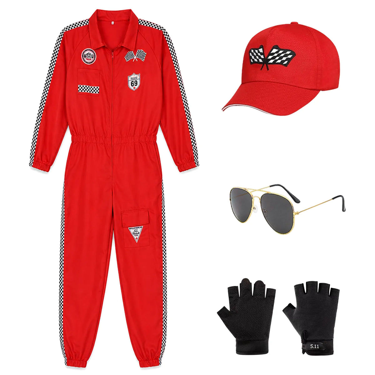 Red racing jumpsuit, cap, sunglasses and fingerless gloves arranged as a flat lay.