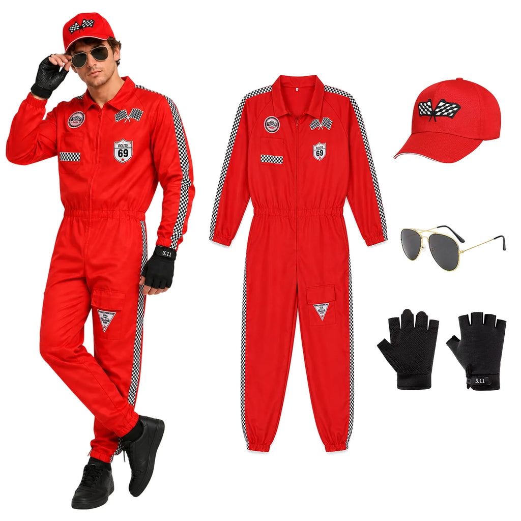 Man wearing a red race car driver costume with jumpsuit, cap, sunglasses and gloves.