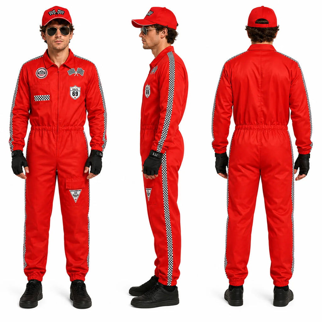Man wearing the red racing costume shown from front, side and back views.