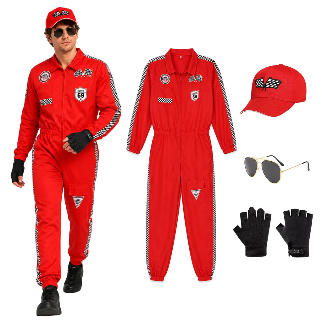 Four-piece red racing costume set laid out: jumpsuit, cap, sunglasses and gloves.