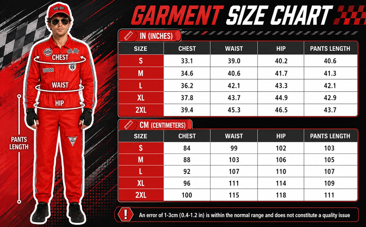Size chart for the red racing costume jumpsuit listing chest, waist, hip and pants length for sizes S to XXL.