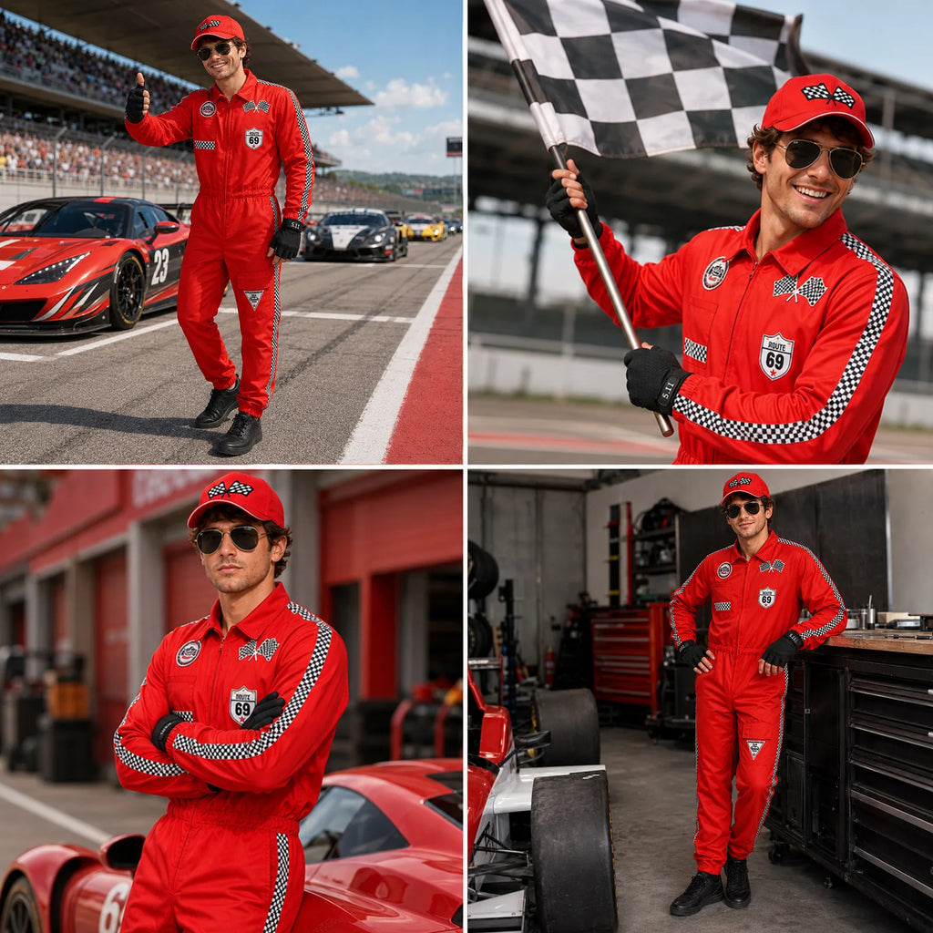 Collage of the red race car driver costume styled trackside, waving a checkered flag, and in a garage pit area.