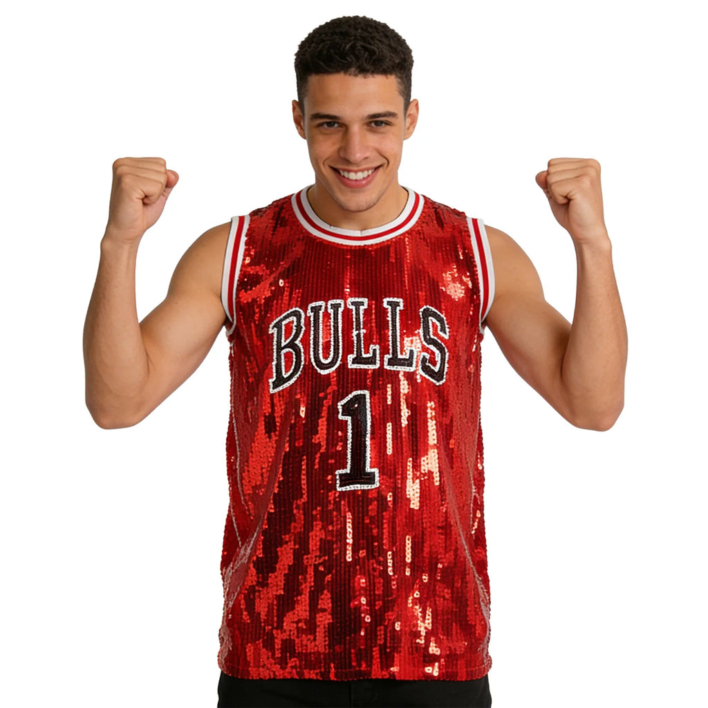 A woman models the red sequin basketball jersey costume from a three-quarter front angle against a white background.