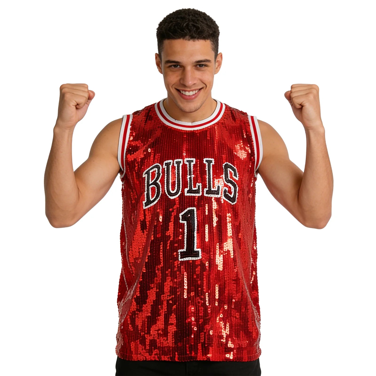 A woman models the red sequin basketball jersey costume from a three-quarter front angle against a white background.
