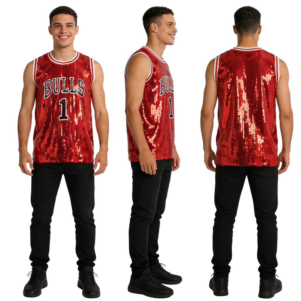 A model shows the back of the red sequin basketball jersey costume against a white background, highlighting its rear silhouette.
