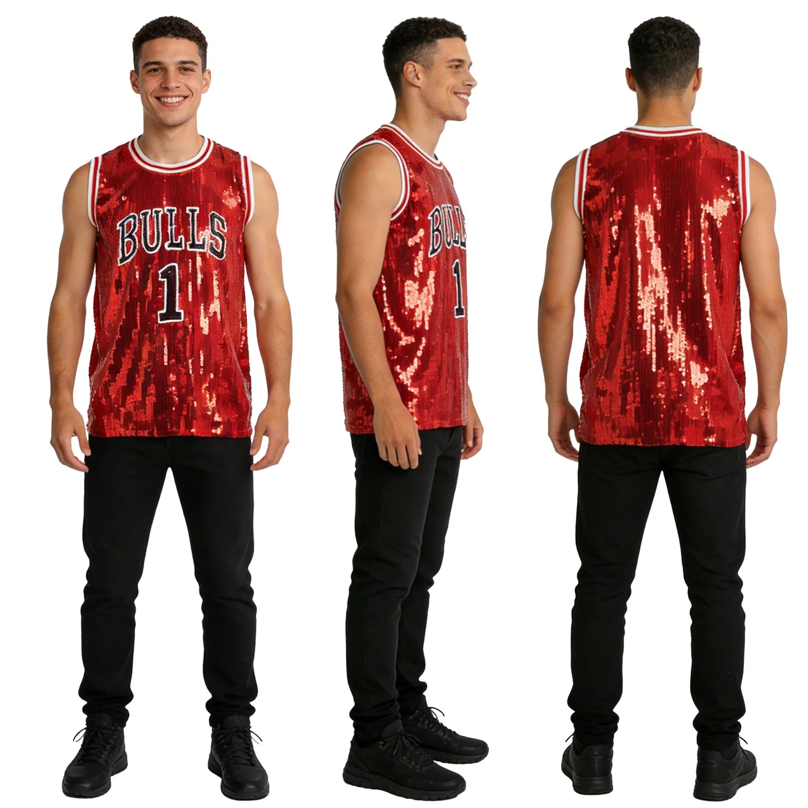 A model shows the back of the red sequin basketball jersey costume against a white background, highlighting its rear silhouette.