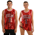 Male and female models show the front of the red sequin basketball jersey costume with its number 1 graphic and striped trim.