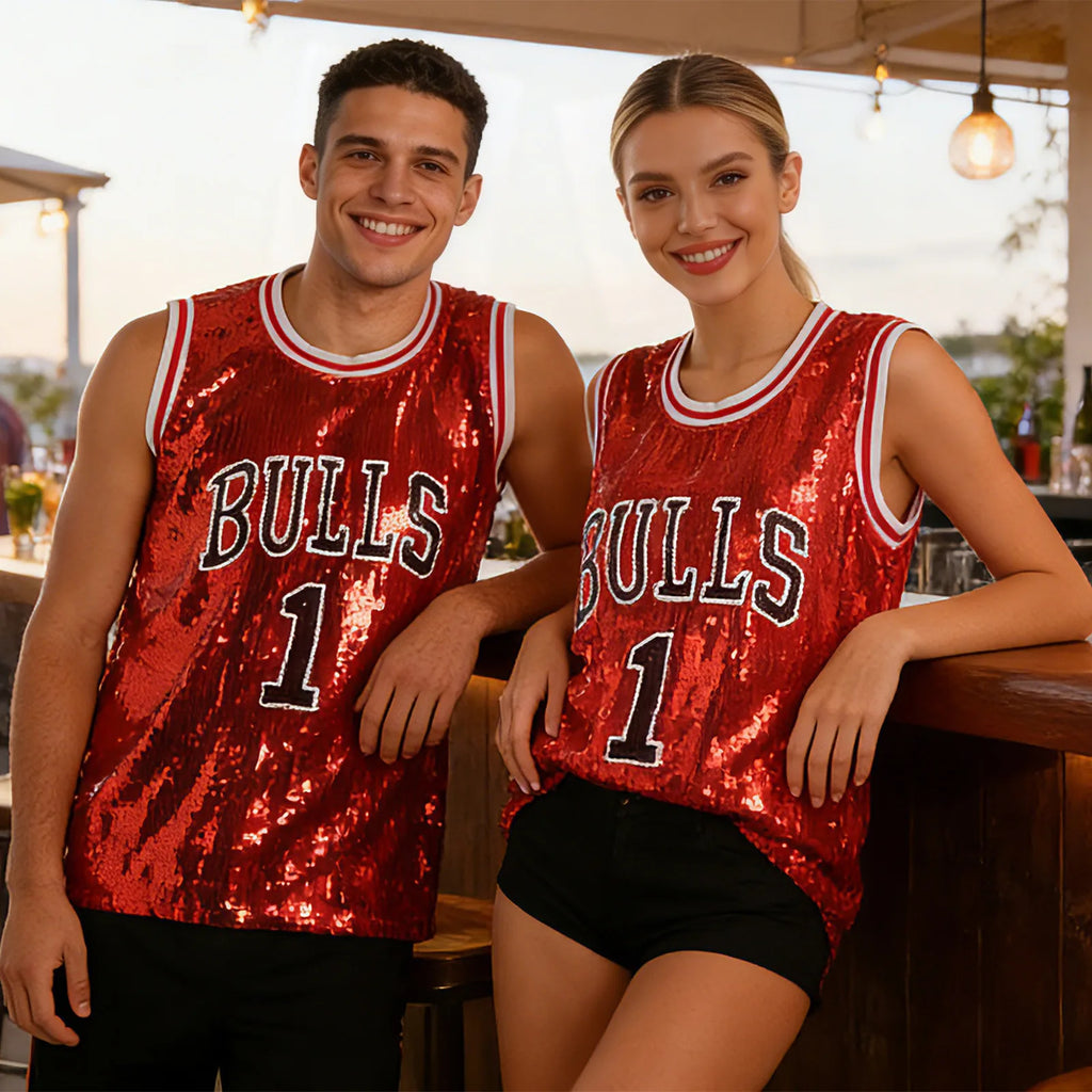 A woman wears the red sequin basketball jersey costume in festive party settings, showing how the sequins catch the event lighting.