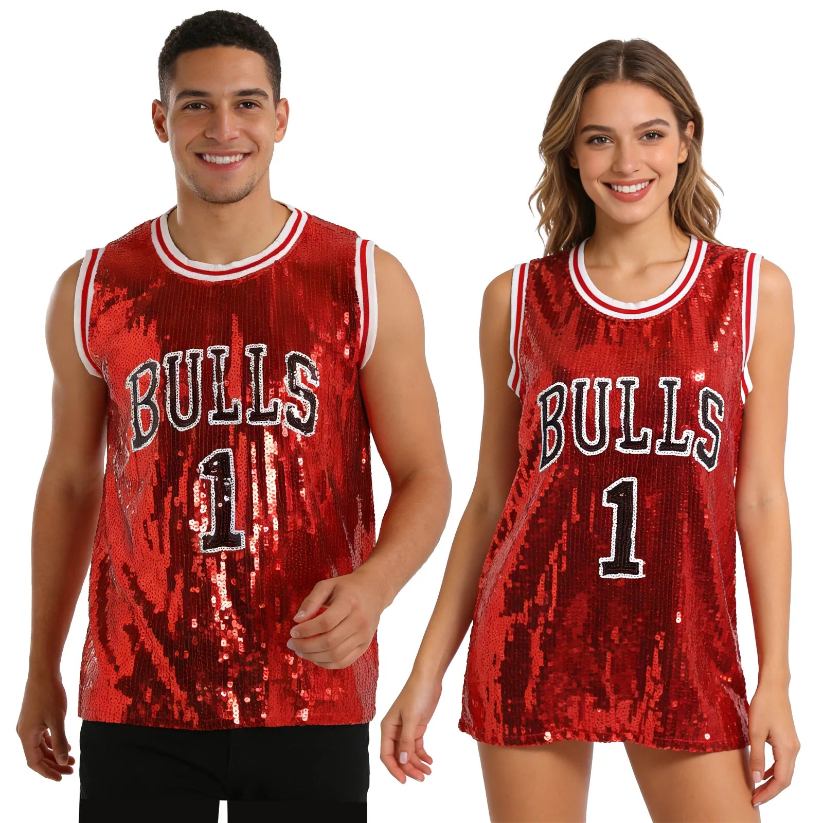 A man models the red sequin basketball jersey costume in a waist-up front view against a white background.