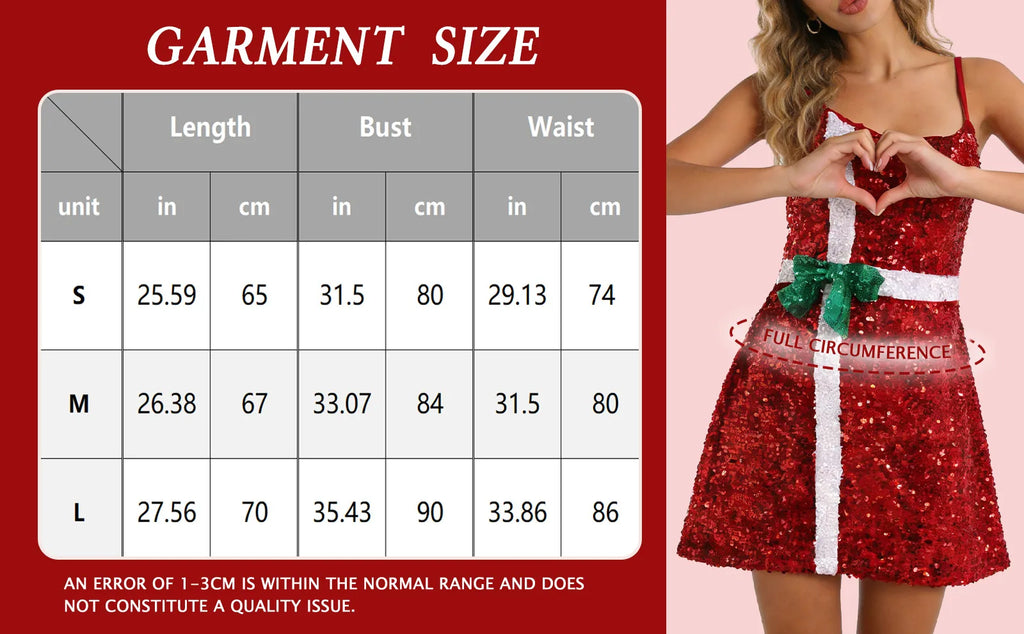 Garment size chart showing the available measurements for the red sequin Christmas gift dress.