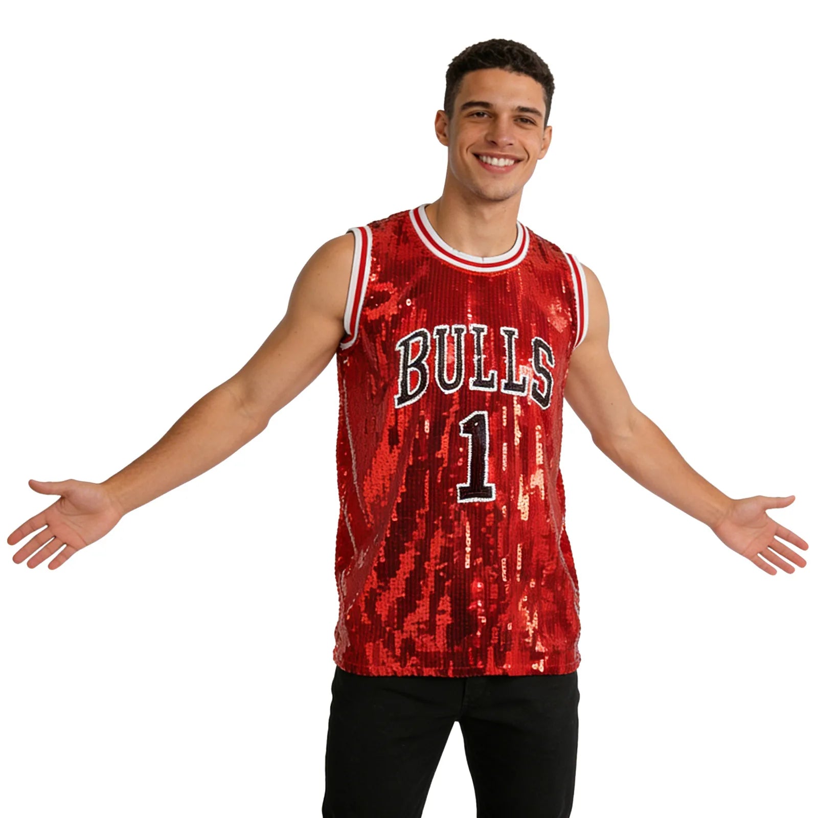 A model wears the red sequin basketball jersey costume in side profile against a white background to show its fitted silhouette.