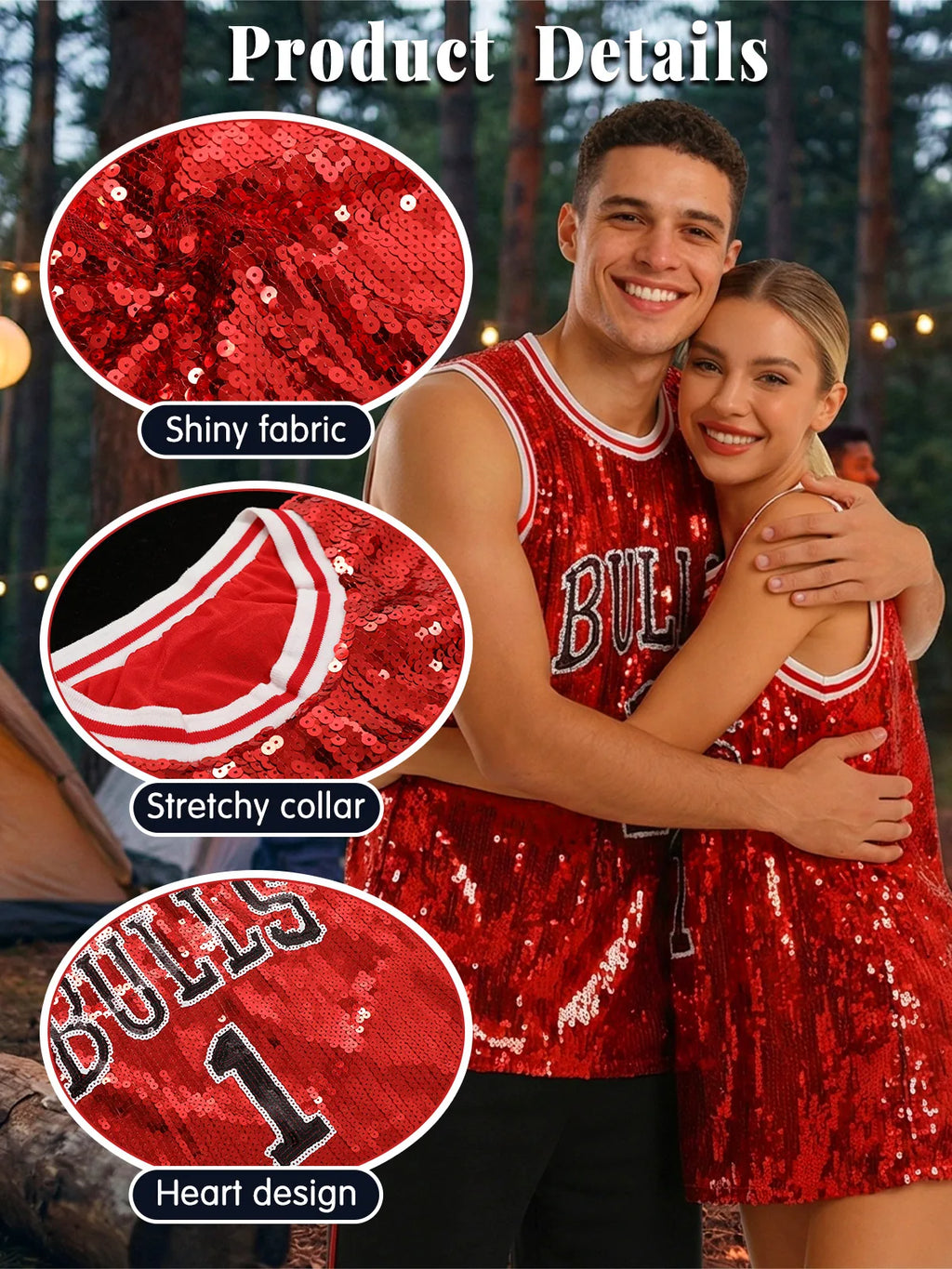 A product detail panel highlights the colorful pony graphic and silver sequin surface of the red sequin basketball jersey costume.