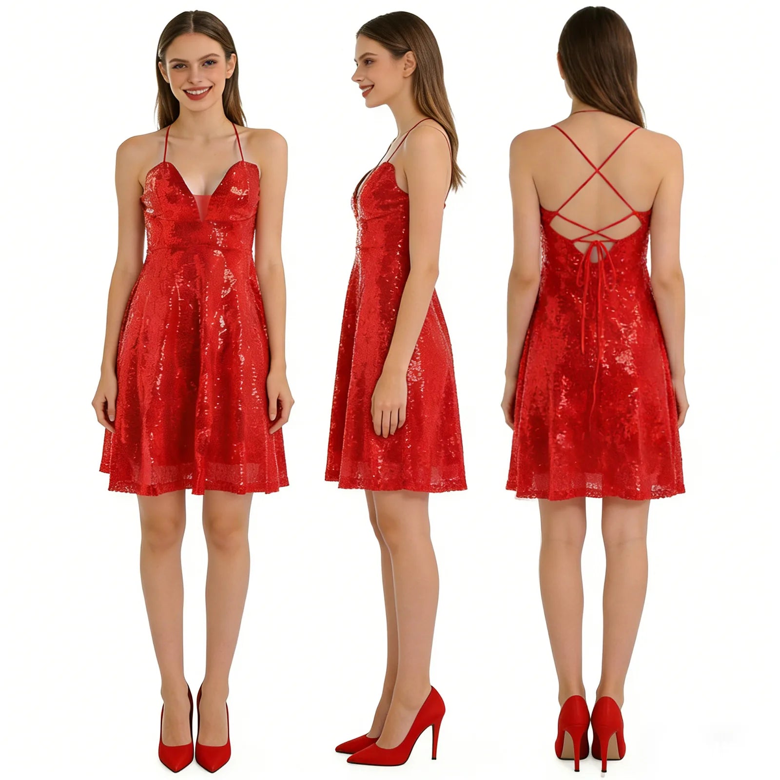 The red sequin V-neck cami party dress is shown from the front, side and back to display its overall fit and silhouette.