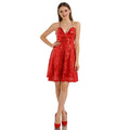 A woman models the red sequin V-neck cami party dress from the front against a white background, showing its overall silhouette.