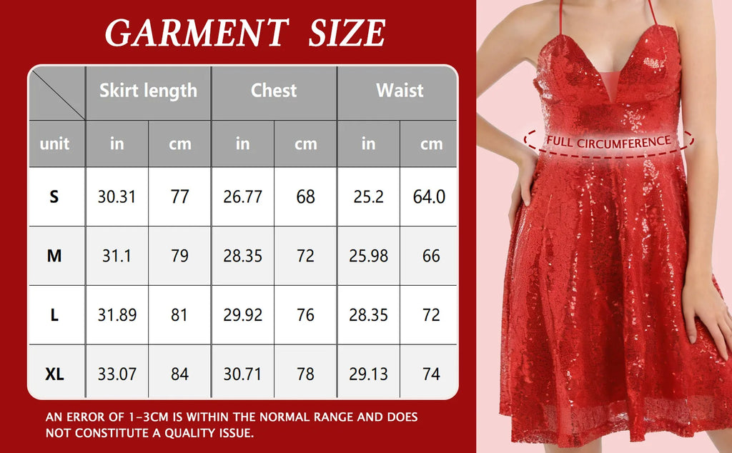 Garment size chart showing the available measurements for the red sequin V-neck cami party dress.