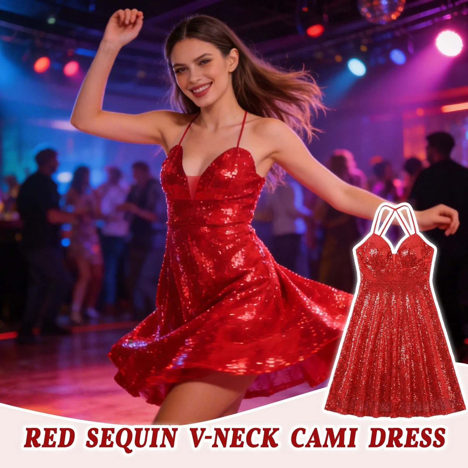 A product detail panel highlights the back zipper, tie straps and sequin fabric of the red sequin V-neck cami party dress.