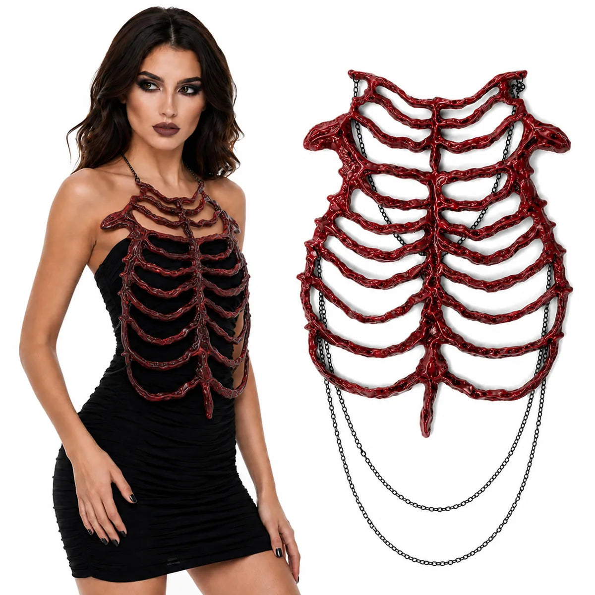 Front view of the red skeleton chest armor, showing its overall shape and visible design.