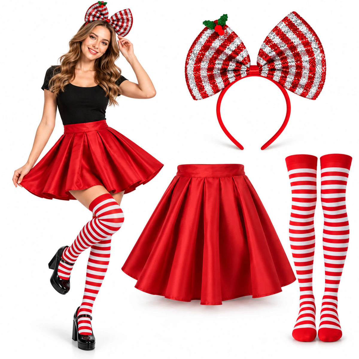 The red skirt costume is shown worn beside its sequined bow headband and pair of striped socks.