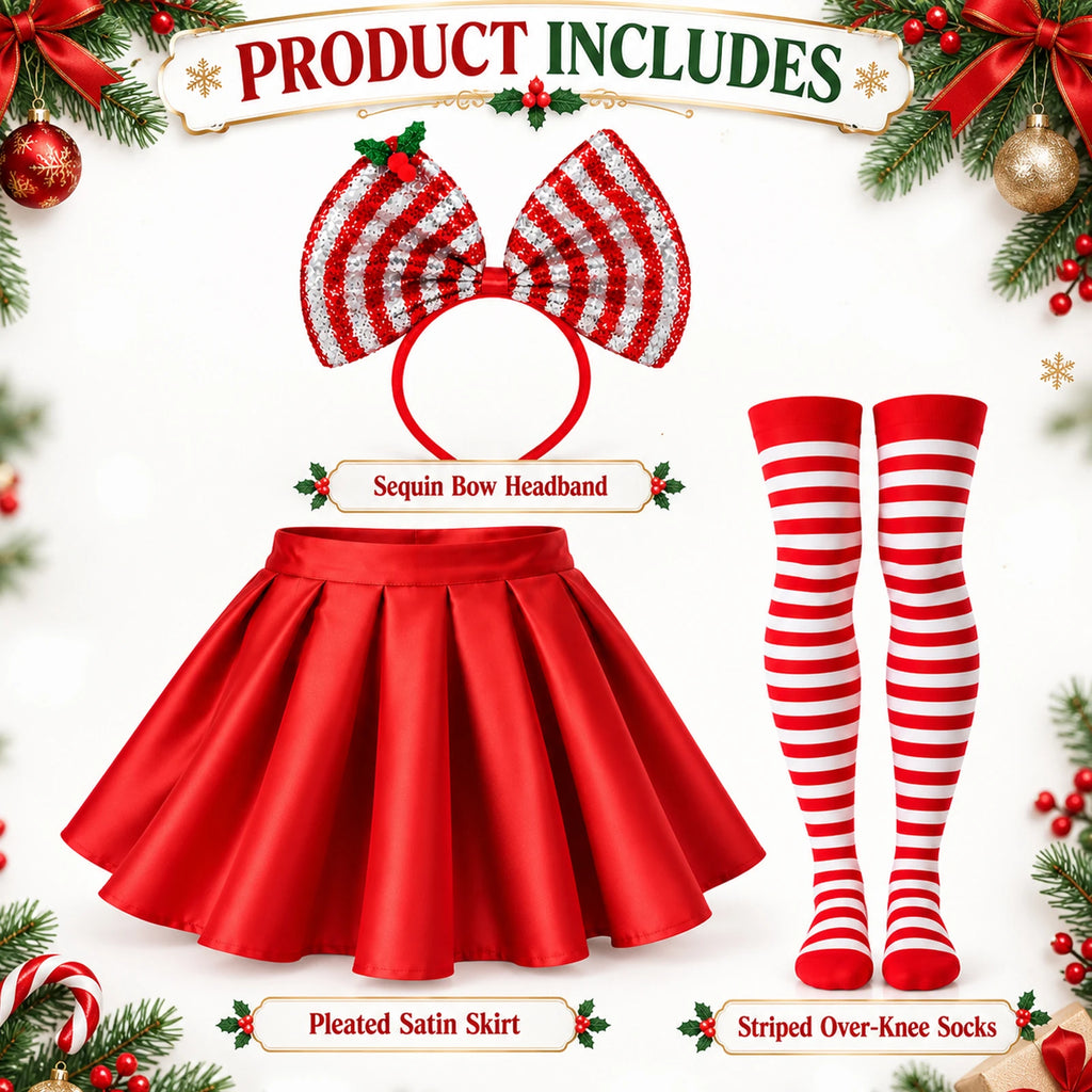 The component graphic labels the pleated red skirt, sequined bow headband and red-and-white striped over-knee socks.