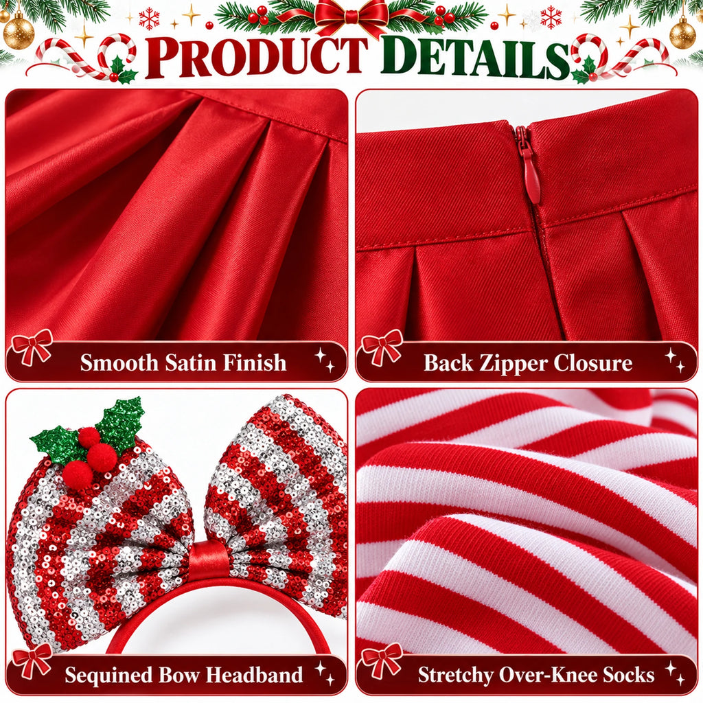 Close-up panels show the red skirt finish and back zipper, the sequined bow headband and striped socks.