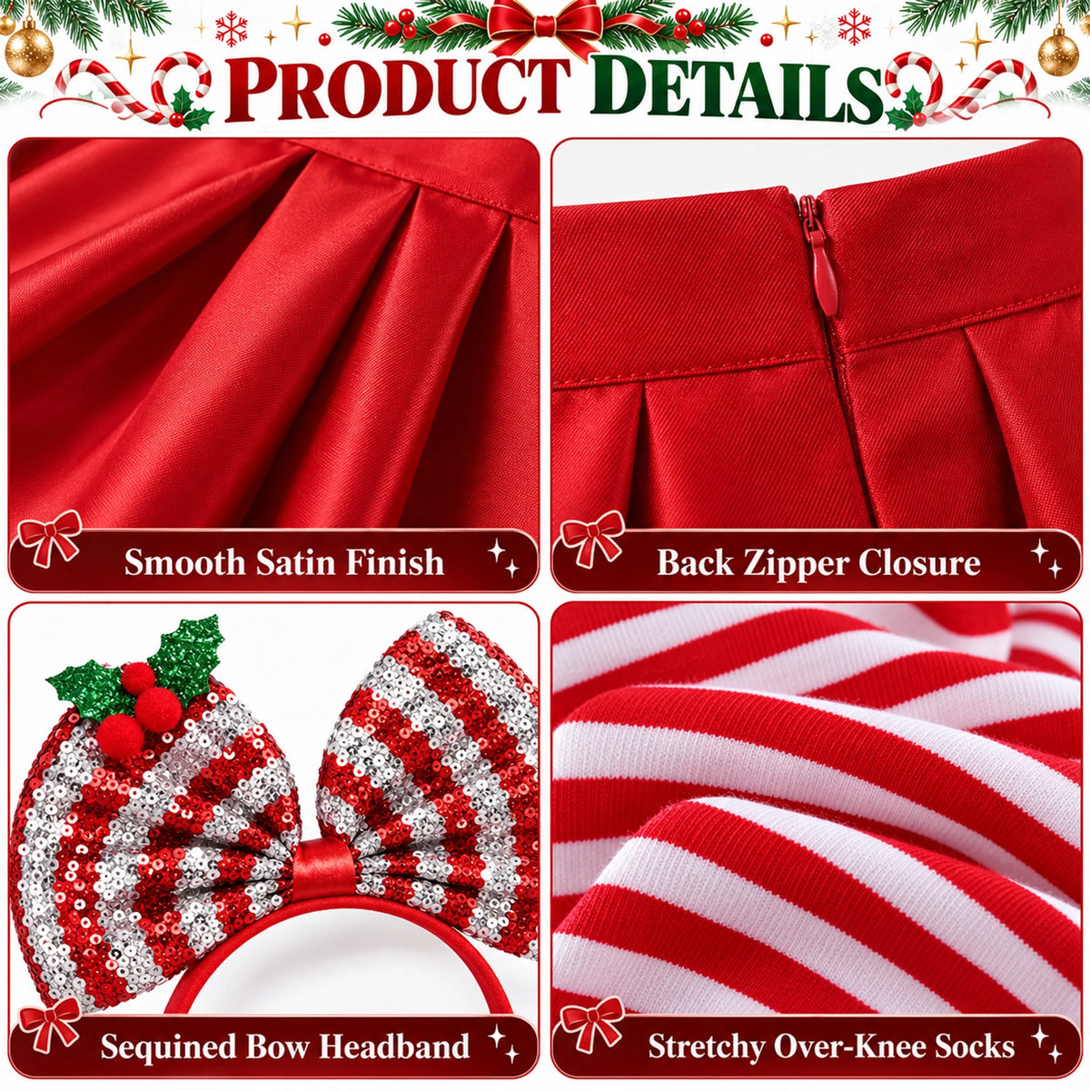 Close-up panels show the red skirt finish and back zipper, the sequined bow headband and striped socks.