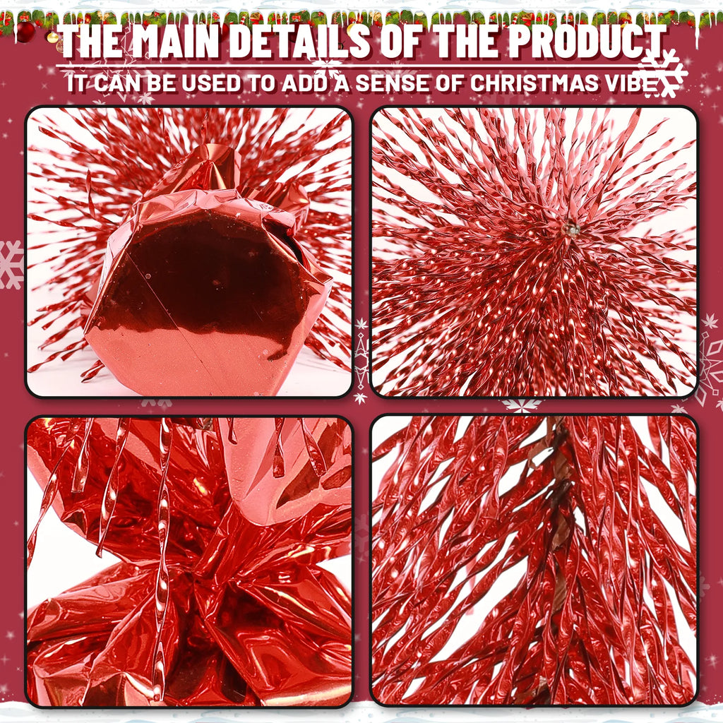 Closeups show the red tabletop Christmas tree branches and shiny wrapped base.