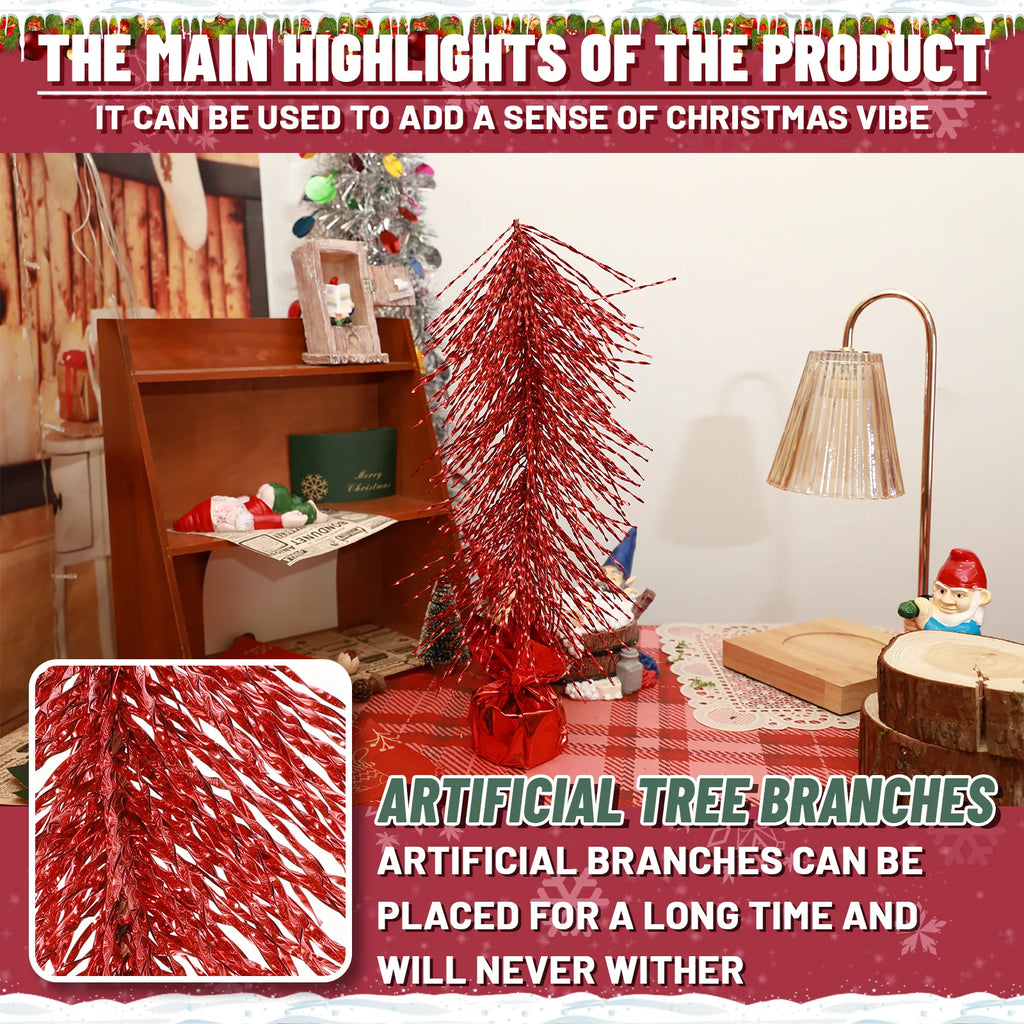 A red tabletop Christmas tree stands in a room with a closeup of its branches.