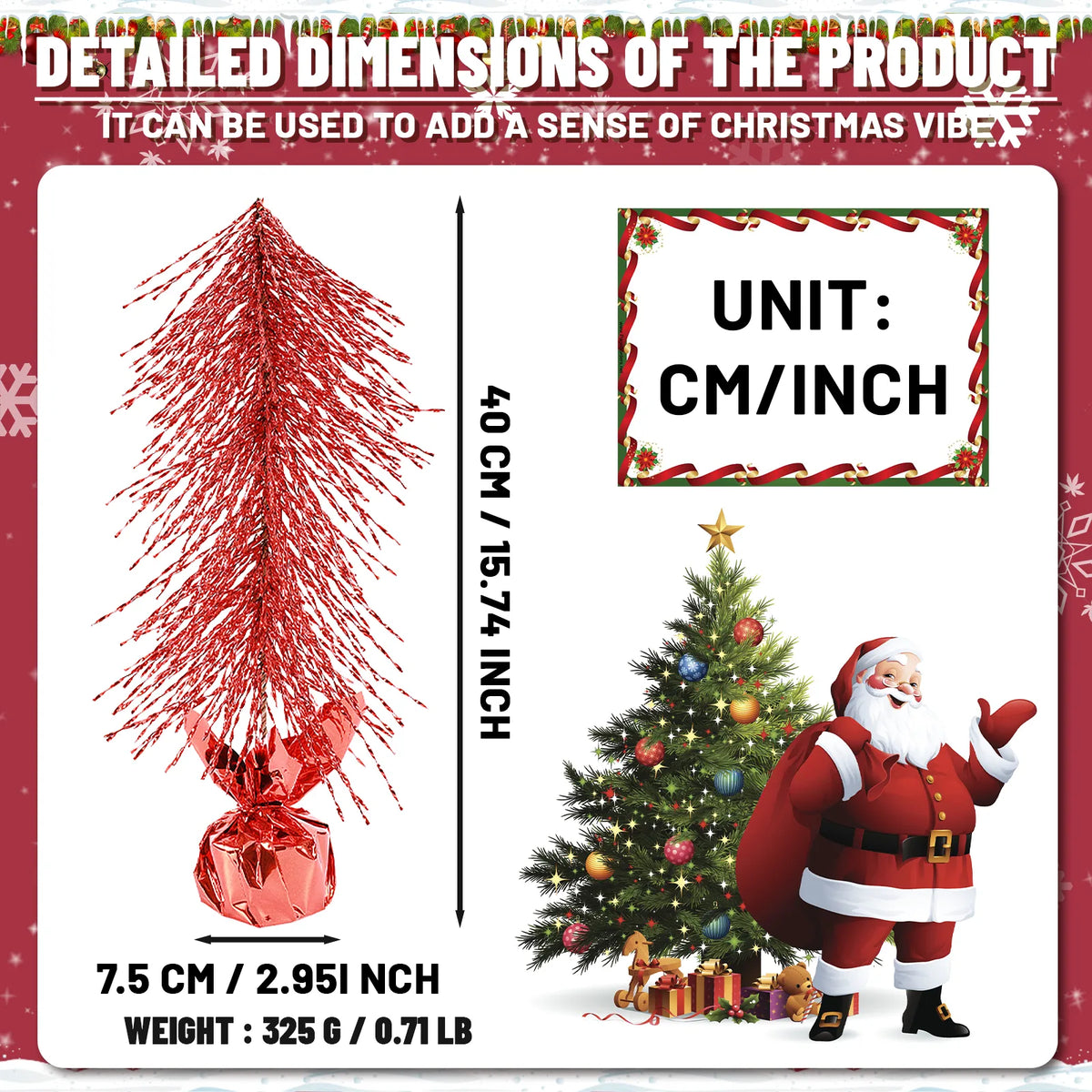 A red tabletop Christmas tree dimension graphic shows its height and base width.