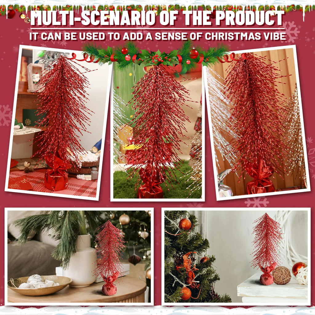 A collage shows the red tabletop Christmas tree in several festive settings.