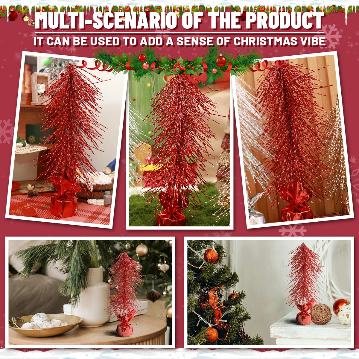 A collage shows the red tabletop Christmas tree in several festive settings.