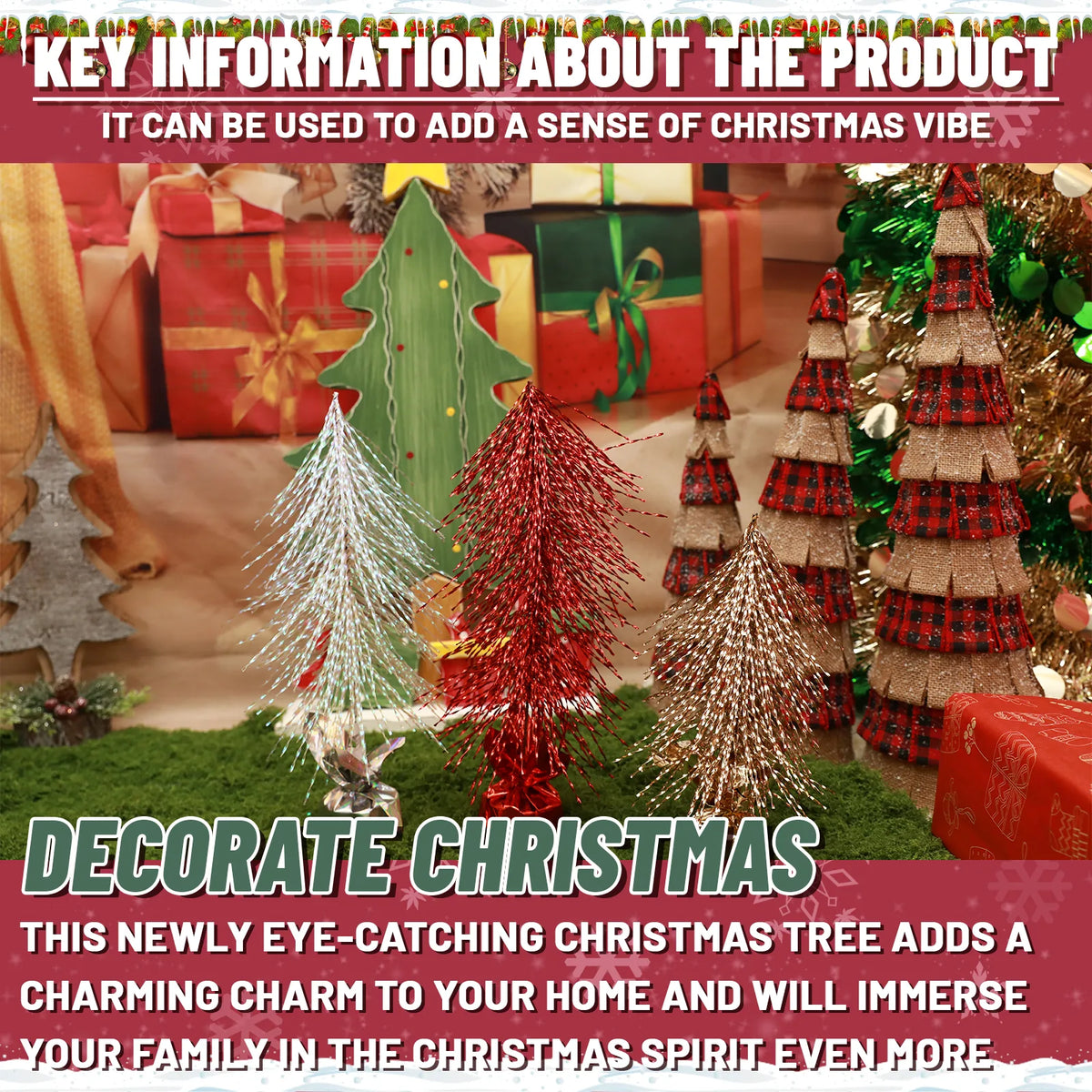 A red tabletop Christmas tree appears among other holiday trees and presents.