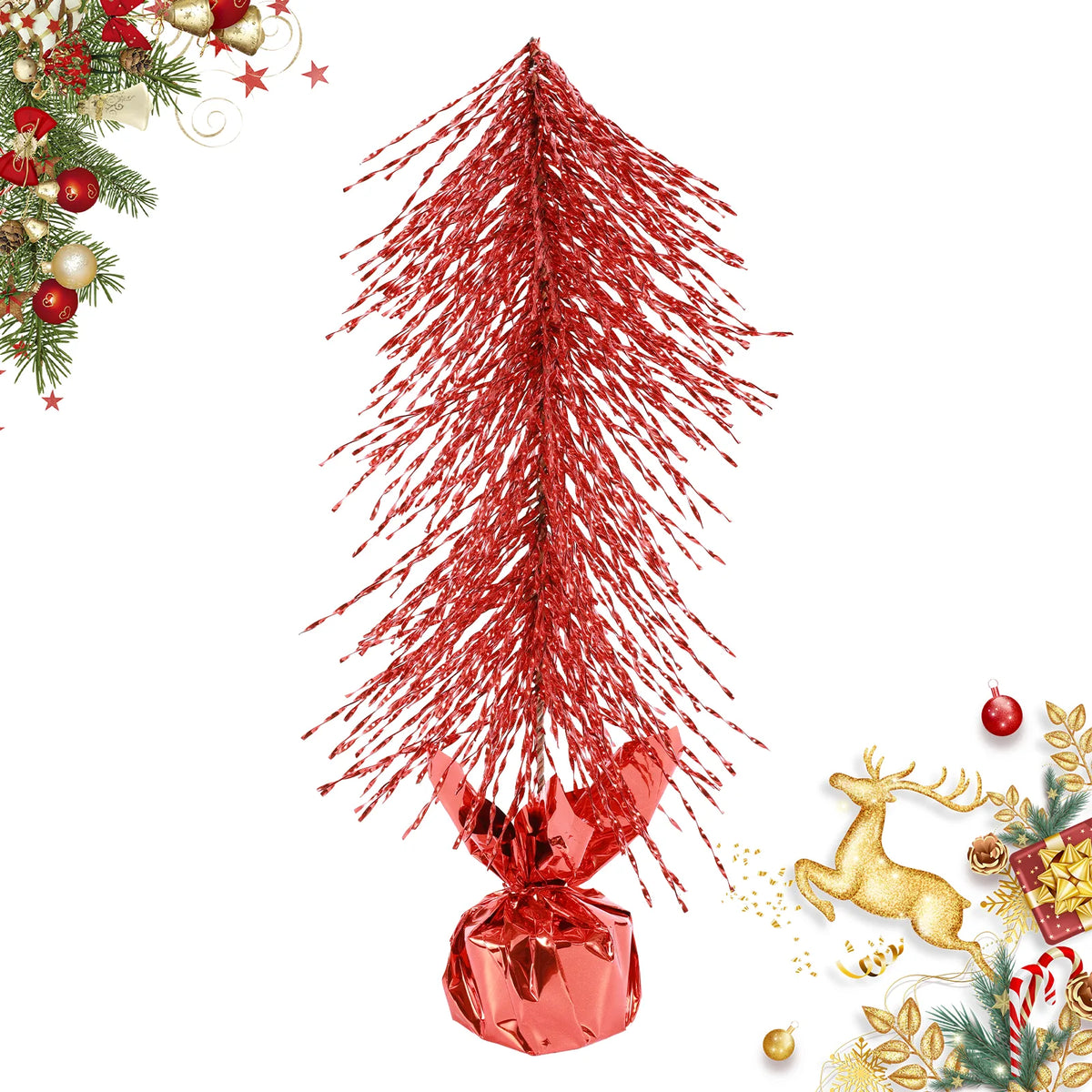 A red tabletop Christmas tree stands beside festive illustrations on white.