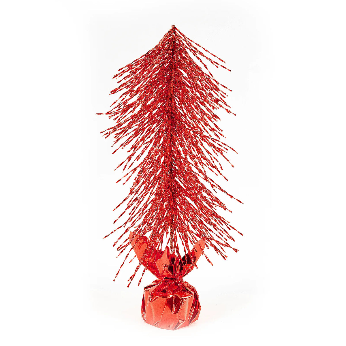 A red tabletop Christmas tree with its wrapped base stands on white.